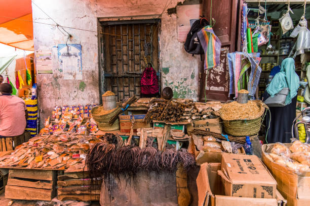 Stone Town, Zanzibar, Tanzania. 27 March 2018. Food market in the capital of tanzania, Stone Town. Peoplesell dried sea food